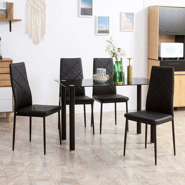 Ensemble table et chaises pour 4 personnes, table en verre, assise rembourrée et cadre en acier