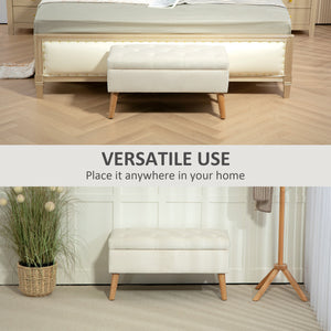 Pouf de rangement avec couvercle rembourré en velours et pieds en bois, blanc crème
