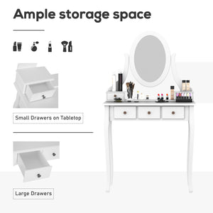 Coiffeuse en bois avec miroir rotatif à 360°, 5 tiroirs et tabouret rembourré, blanc