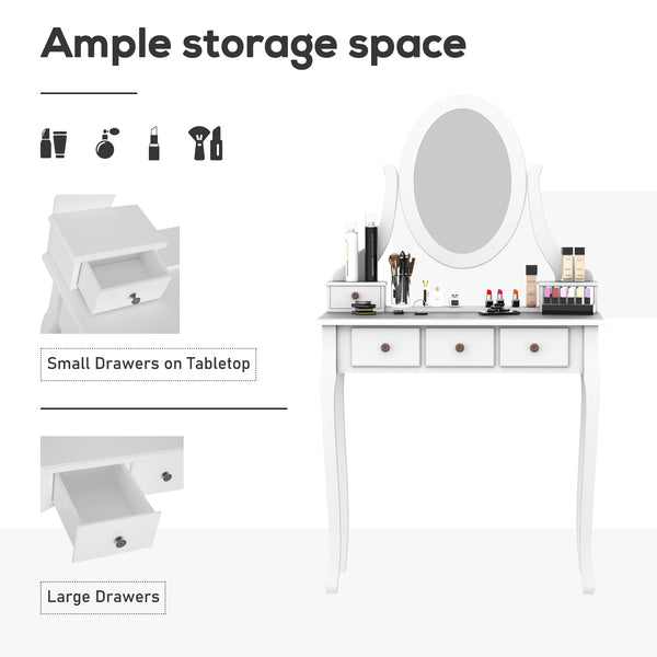 Coiffeuse en bois avec miroir rotatif à 360°, 5 tiroirs et tabouret rembourré, blanc
