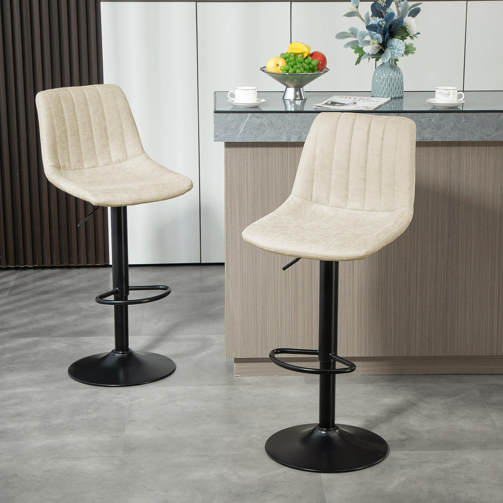Set of 2 height-adjustable leather bar stools with swivel seats, cream white