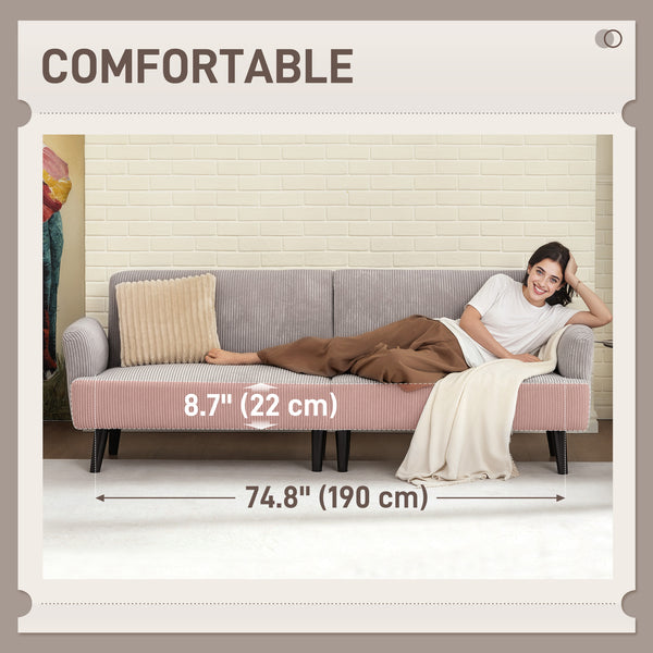 Canapé 3 places en velours côtelé avec pieds en hévéa et assise extra-large, gris clair