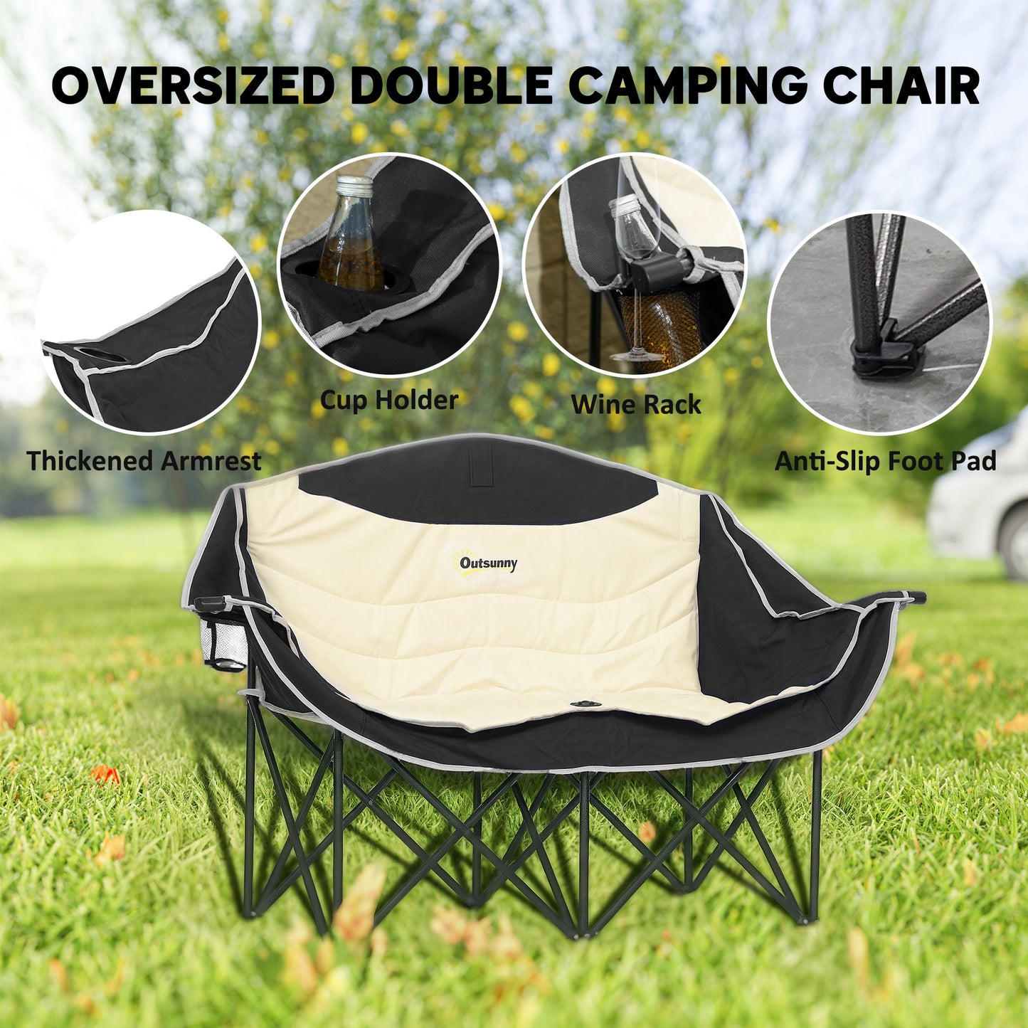 Chaise de camping double avec porte-gobelets et sac de transport, capacité de charge : 250 kg, kaki