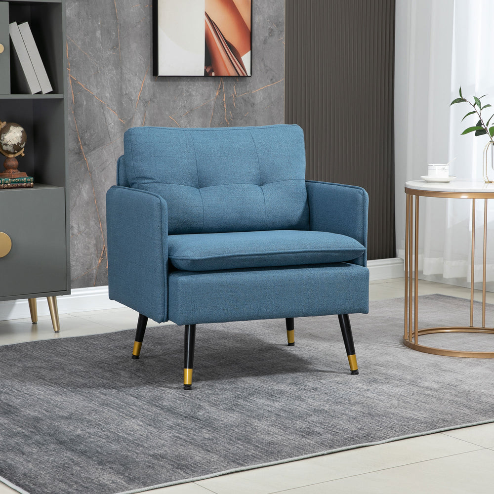 Fauteuil d'appoint moderne rembourré avec dossier capitonné et pieds en acier, bleu