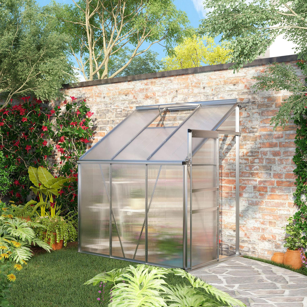Lean-to greenhouse made of aluminum and polycarbonate with adjustable roof ventilation