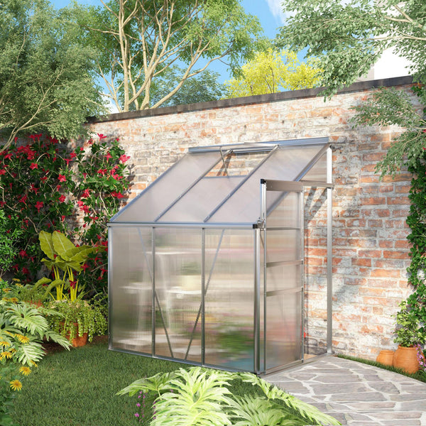 Lean-to greenhouse made of aluminum and polycarbonate with adjustable roof ventilation