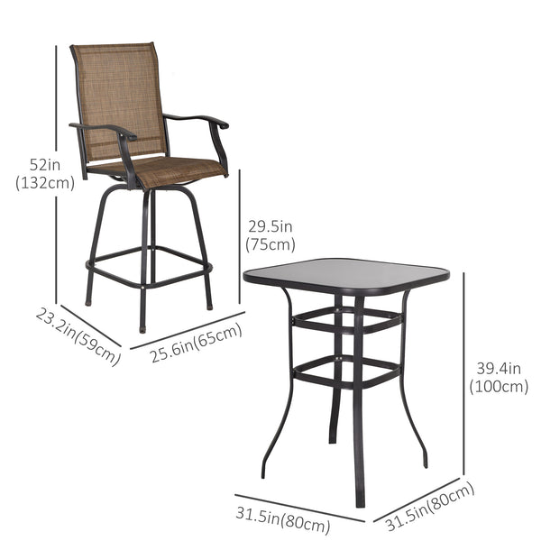 Ensemble de bar d'extérieur 3 pièces, 2 tabourets pivotants et 1 table de bar, marron