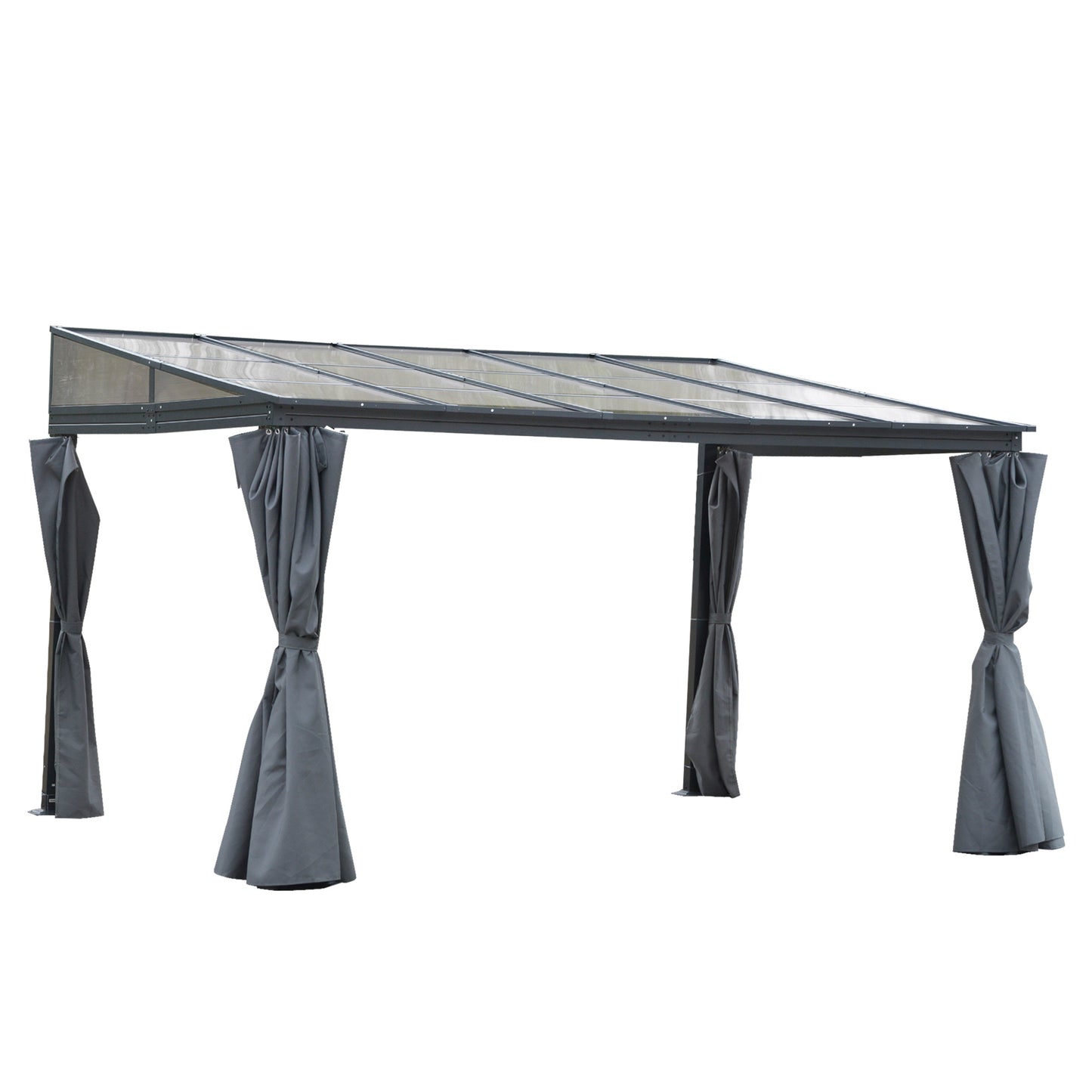 Pergola à toit rigide 10' x 13' avec toit en polycarbonate et rideaux, gris