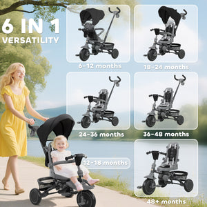 6 in 1 Toddler Tricycle for 1-5 Years Old with Push Handle, Removable Canopy, Swivel Seat, Black