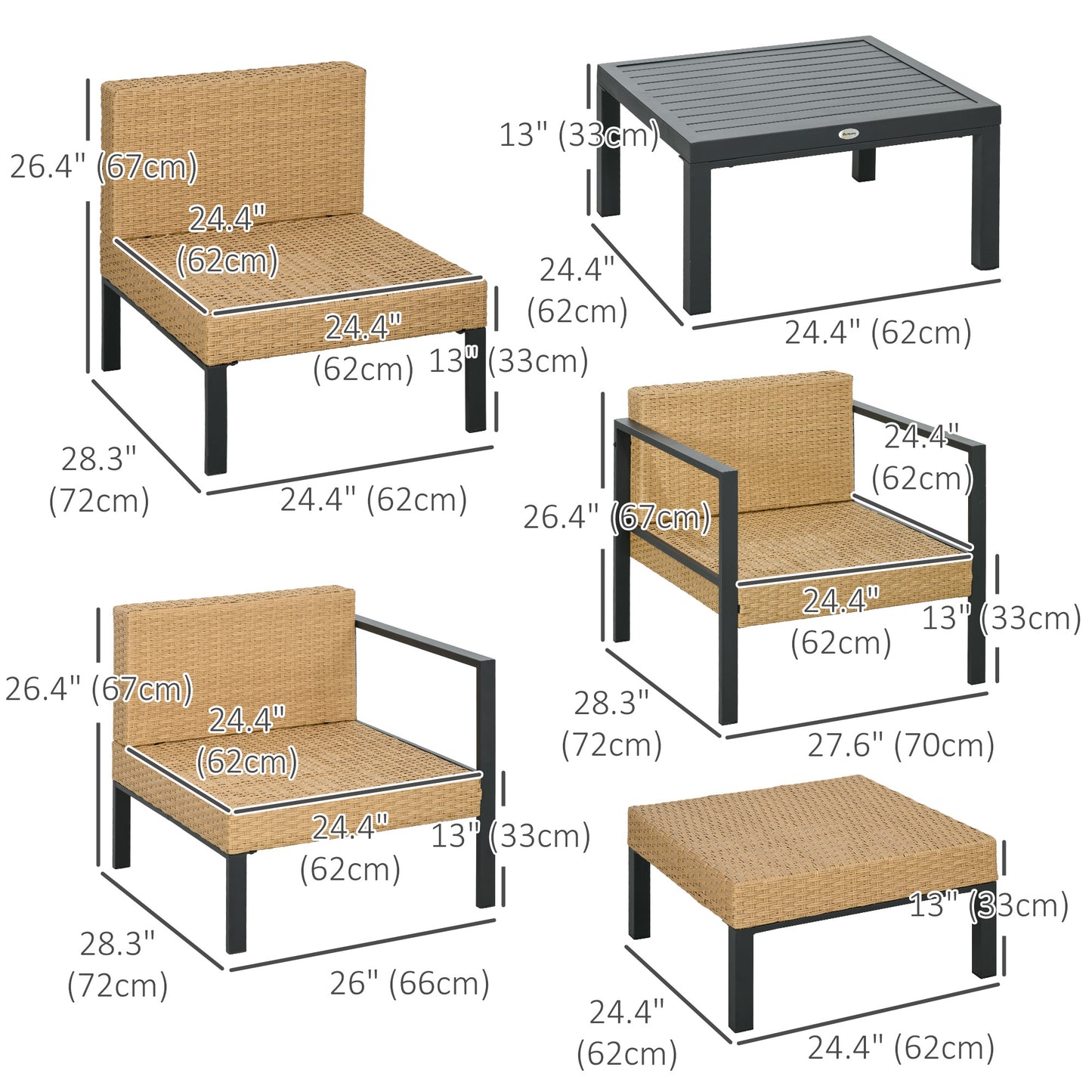 6 Piece Wicker Garden Furniture Set with Sofa, Armchair, Stool, Table, Cushions,