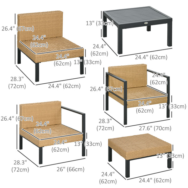 Ensemble de meubles de jardin en osier 6 pièces avec canapé, fauteuil, tabouret, table, coussins,