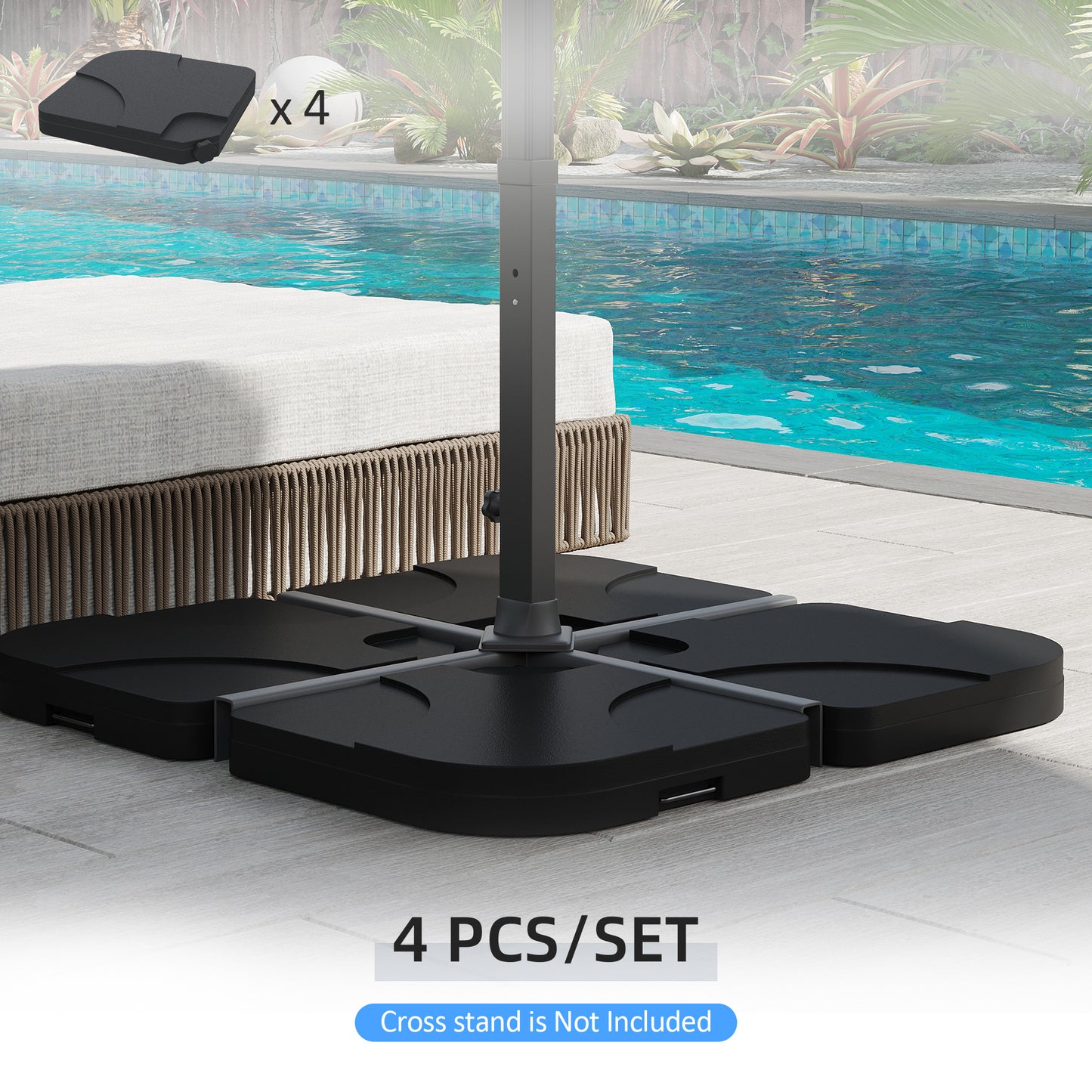 Lot de 4 poids pour pied de parasol déporté, remplissables de sable ou d'eau, noir