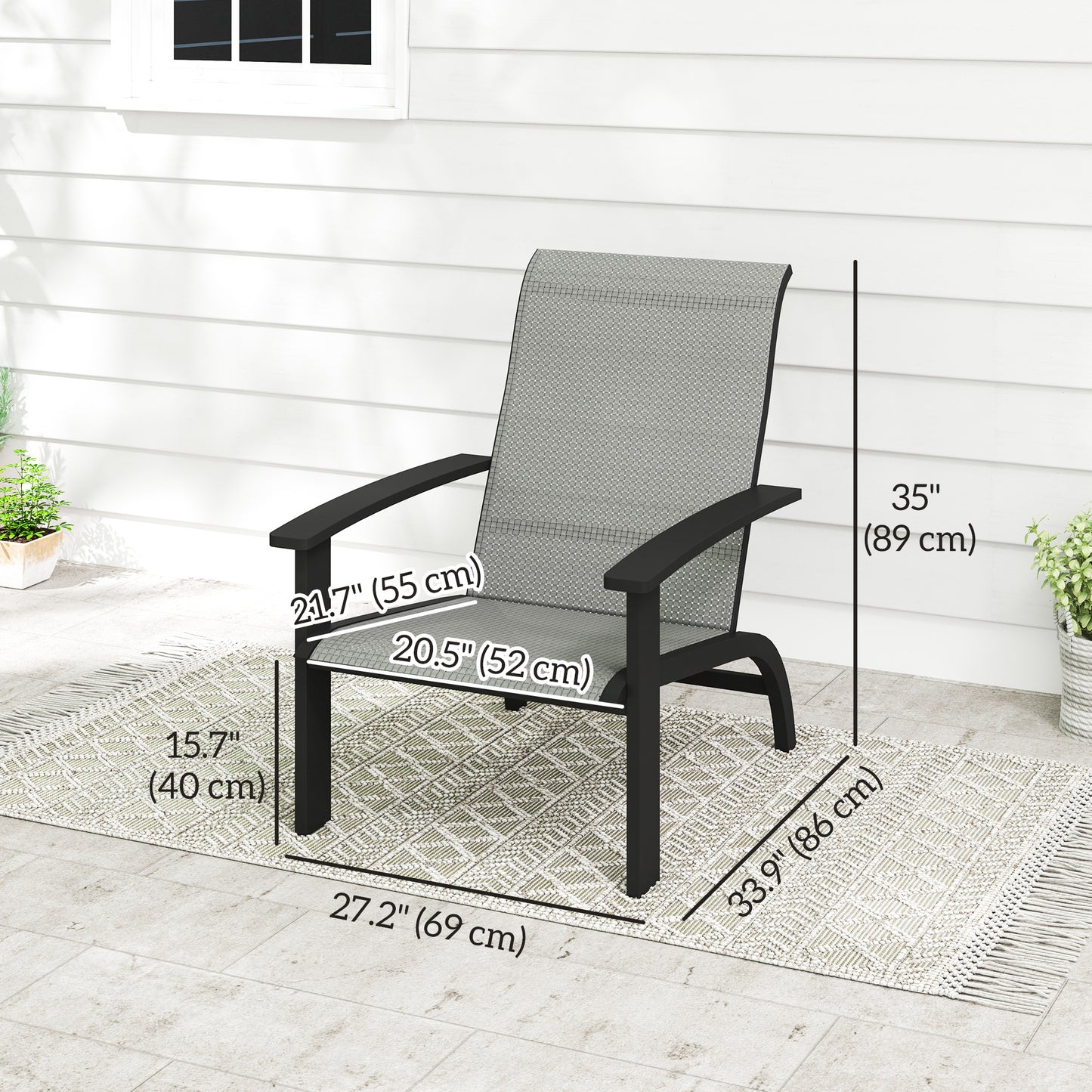 Lot de 2 chaises d'extérieur Adirondack Muskoka avec cadre en aluminium, assise en maille et dossier haut pour jardin et terrasse, gris foncé