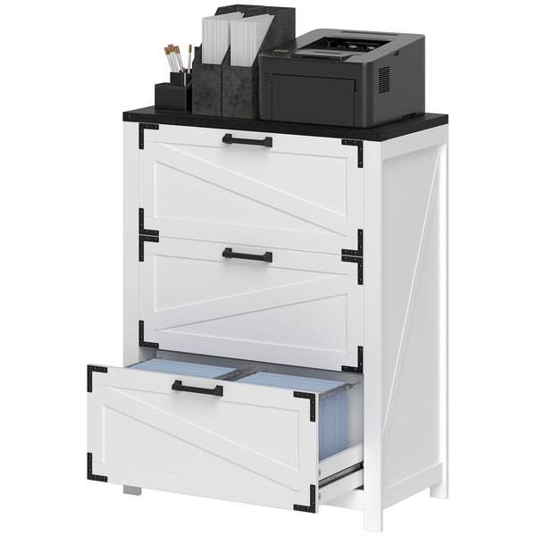 Classeur 3 tiroirs de style campagnard avec barres de suspension réglables pour format lettre, A4, légal, blanc