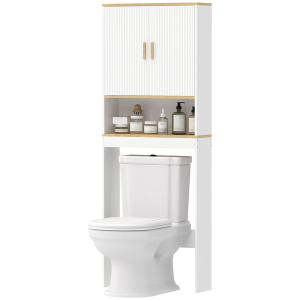 Storage unit to be installed above the toilet, adjustable shelf, bathroom storage cabinet, white and oak