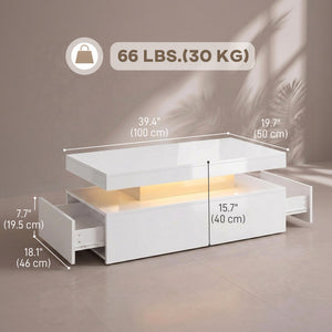 Table basse avec rangement à 2 niveaux et 2 tiroirs pour salon, blanc brillant