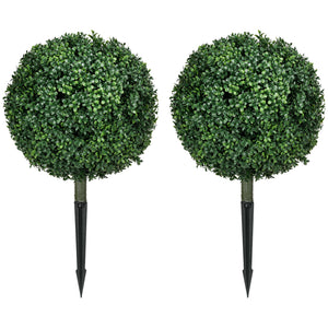 Set of 2 artificial ball-shaped bushes with stakes, UV resistant
