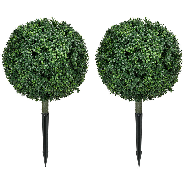 Set of 2 artificial ball-shaped bushes with stakes, UV resistant