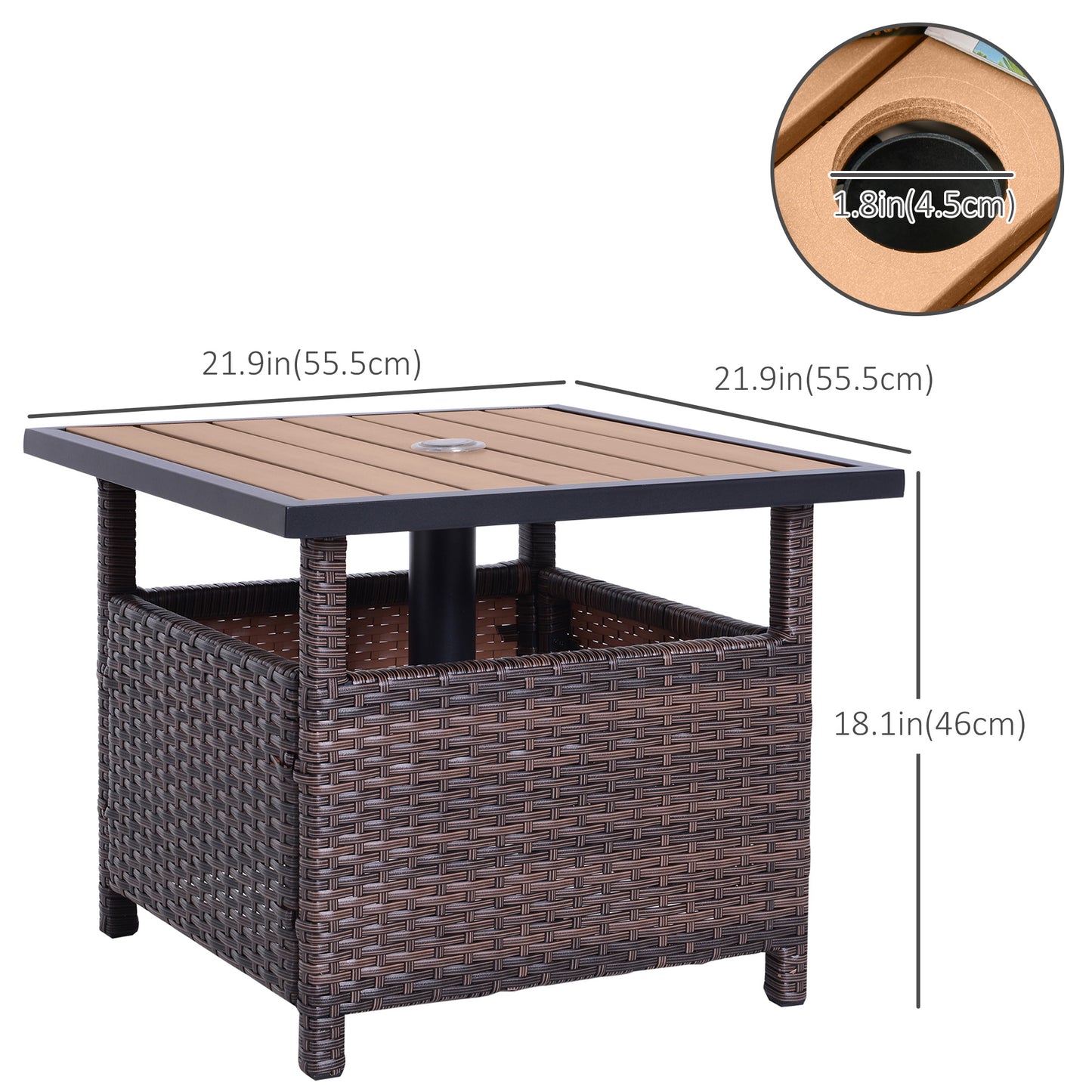 Outsunny 55cm Square Rattan Table with Umbrella Hole, Outdoor Patio Side Table, Can Be Used as an Umbrella Stand, Brown