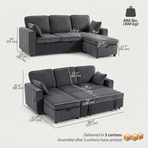 Canapé-lit d'angle modulable avec pouf de rangement réversible avec coussin à ressorts, gris foncé