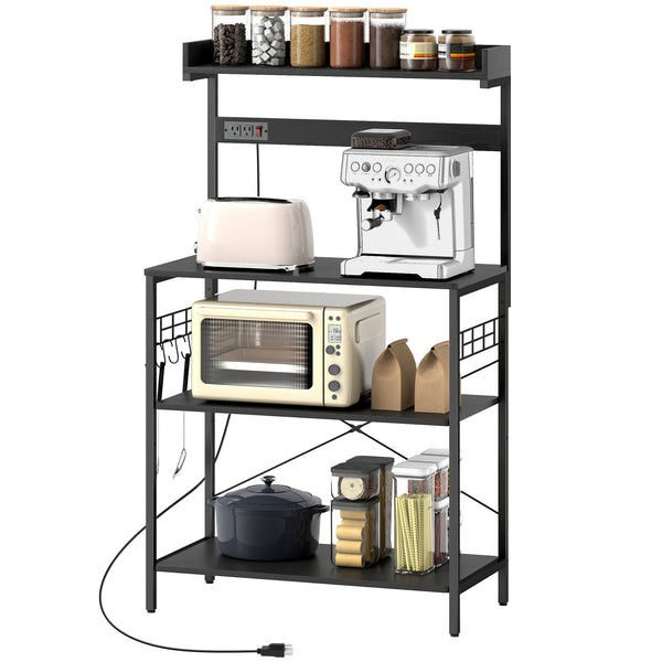 Kitchen shelf with electrical outlet, coffee corner with adjustable shelves and hooks, aged black