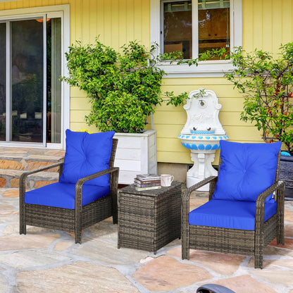 Outsunny 3 Piece Wicker Garden Furniture Set, Rattan Bistro Set with Storage Coffee Table and Thick Cushions, Outdoor Conversation Set for Garden, Porch, Balcony, Blue