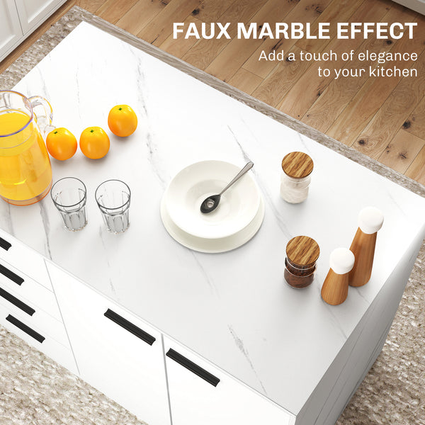 Îlot de cuisine avec meuble de rangement, 4 tiroirs et étagère réglable effet imitation marbre et blanc