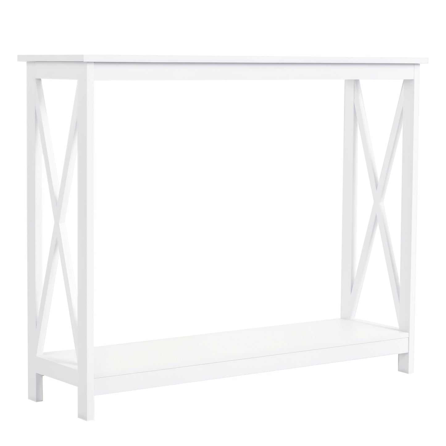 Console d'entrée étroite à 2 niveaux, design en X, avec étagère de rangement pour derrière le canapé, salon, couloir, blanc