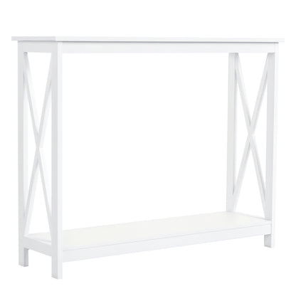 Console d'entrée étroite à 2 niveaux, design en X, avec étagère de rangement pour derrière le canapé, salon, couloir, blanc