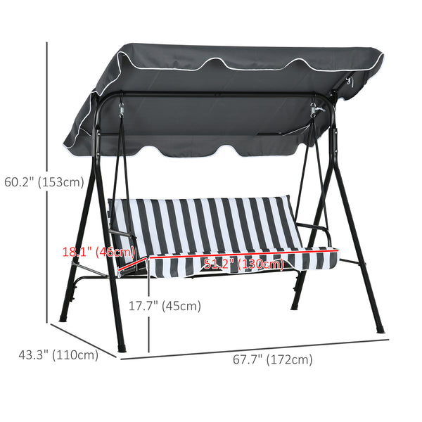 3-Seater Outdoor Porch Swing with Adjustable Canopy, Patio Swing Chair for Garden, Poolside, Backyard, Grey and White