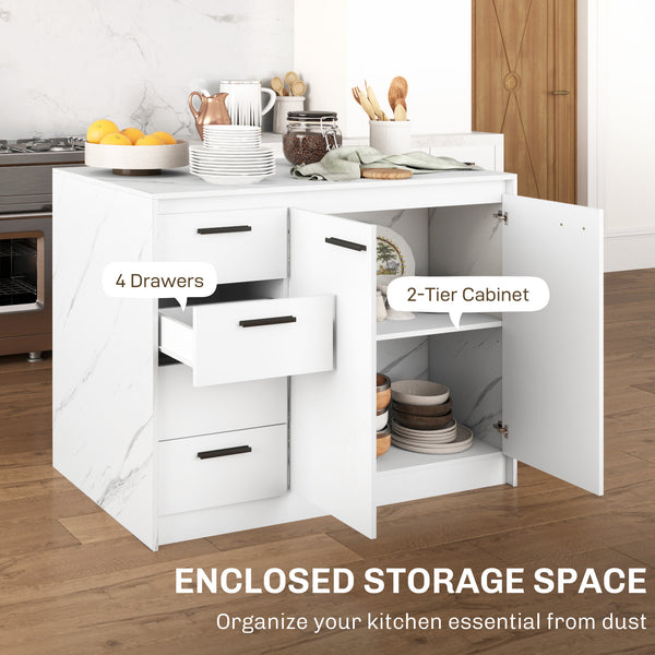 Îlot de cuisine avec meuble de rangement, 4 tiroirs et étagère réglable effet imitation marbre et blanc