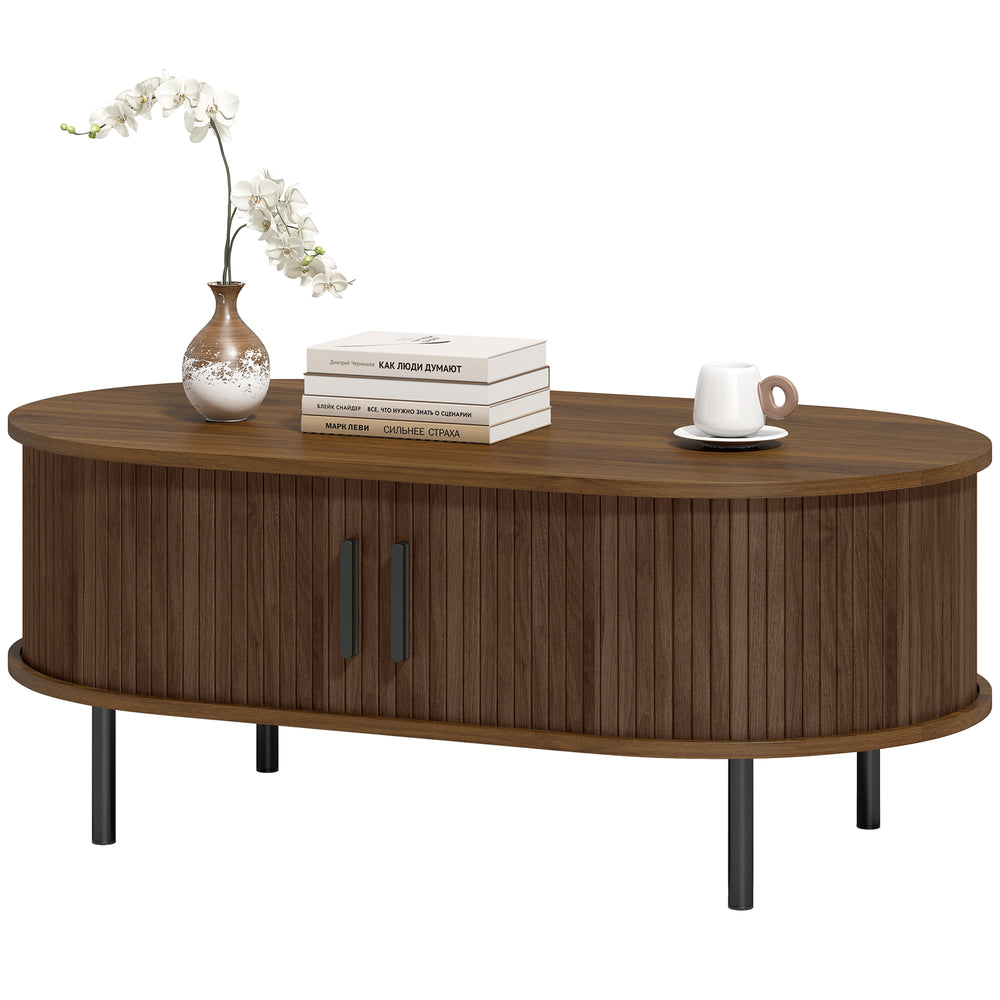 Table basse avec portes coulissantes à tambour et table de rangement centrale, pieds en métal,  marron