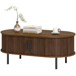 Table basse avec portes coulissantes à tambour et table de rangement centrale, pieds en métal,  marron