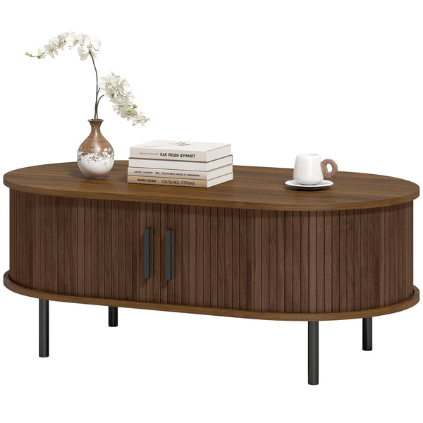 Table basse avec portes coulissantes à tambour et table de rangement centrale, pieds en métal,  marron