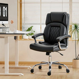 Office chair with spring cushion, faux leather upholstery, black.