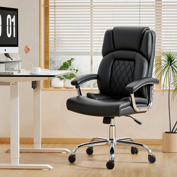 Office chair with spring cushion, faux leather upholstery, black.