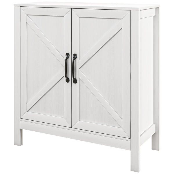 Buffet de cuisine avec porte coulissante de style grange et étagères réglables, aspect bois blanc.