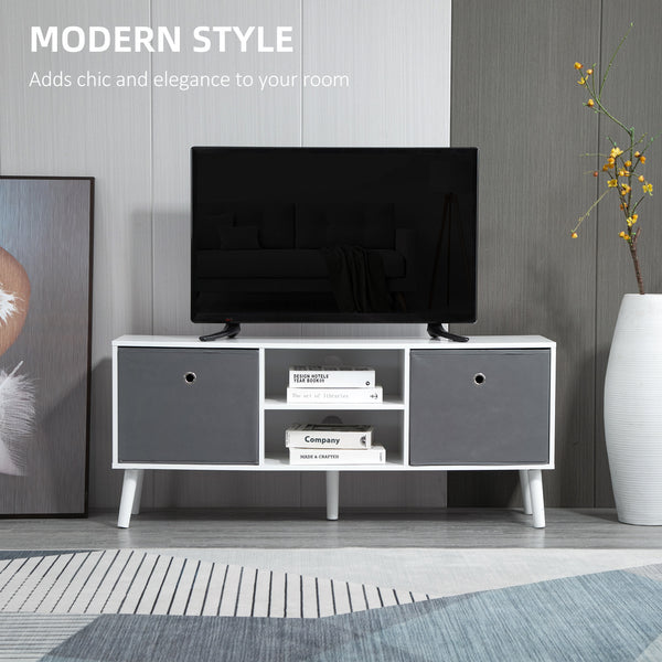 Meuble TV moderne avec tiroirs et étagères pliables, blanc
