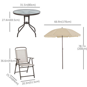 Ensemble de salle à manger d'extérieur 6 pièces pour 4 personnes avec parasol