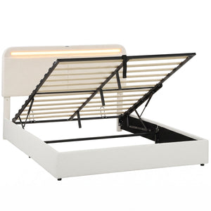 Cadre de lit Queen Size avec station de recharge, éclairage LED, tête de lit réglable, blanc