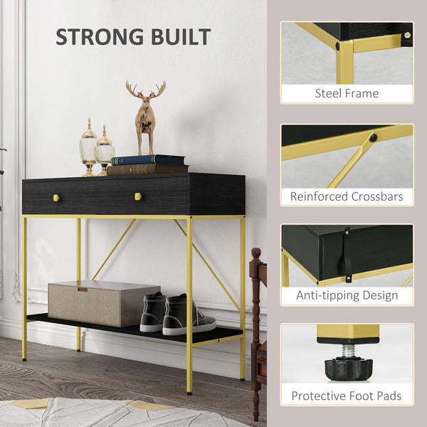 Entrance console with 2 drawers and storage shelf, black