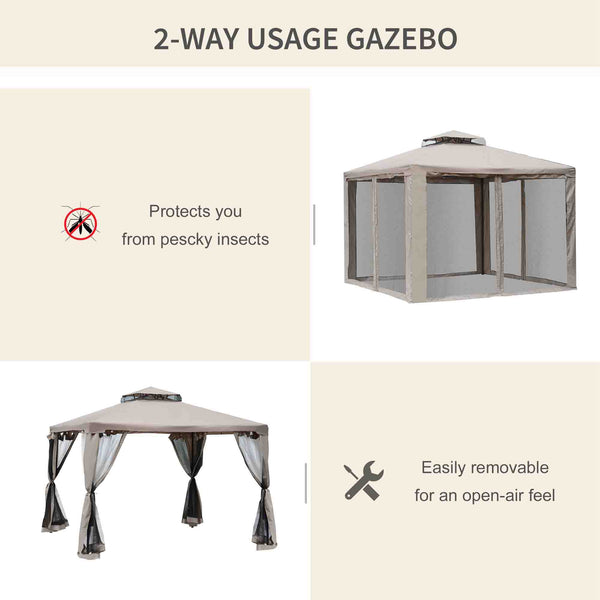 10' x 10' Patio Gazebo Outdoor Pavilion 2 Tire Roof Canopy Shelter Garden Event Party Tent Steel Frame, Brown