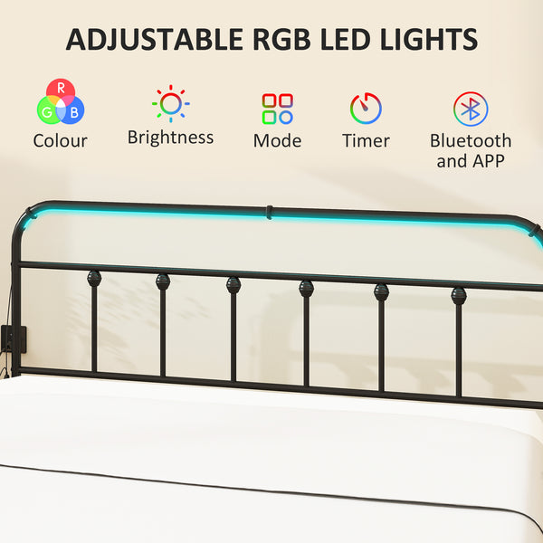 Cadre de lit Queen Size avec éclairage LED et station de charge, noir