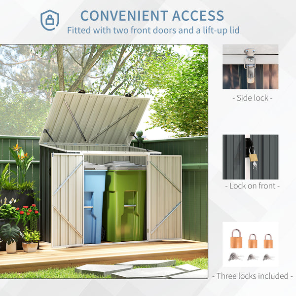Garden shed with storage for a bin, double lockable door and hinged lid