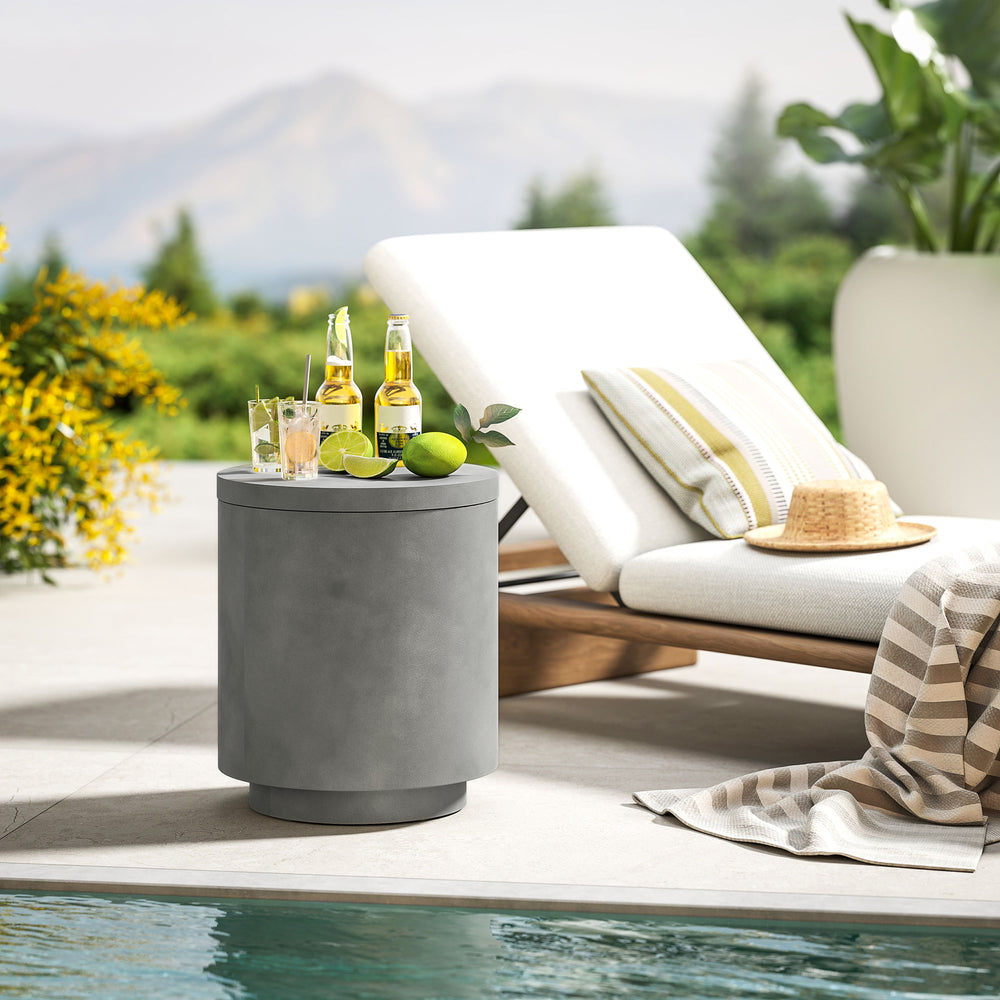 Table d'appoint glacière d'extérieur de 2,6 gal en béton avec rangement, gris clair