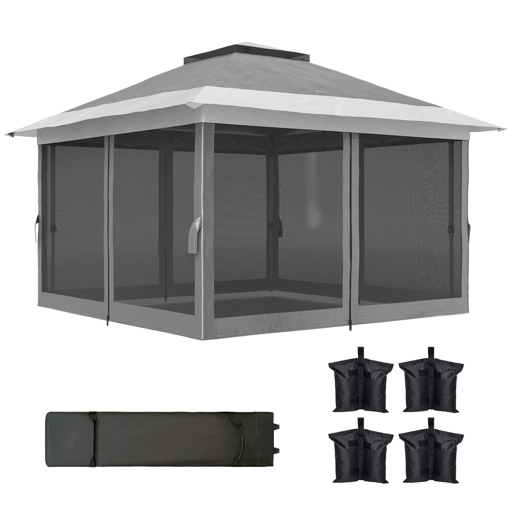 Gazebo 11,7' x 11,7' avec filet, abri solaire instantané UPF50+ avec sac de transport à roulettes et sacs de sable
