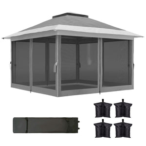 Gazebo 11,7' x 11,7' avec filet, abri solaire instantané UPF50+ avec sac de transport à roulettes et sacs de sable