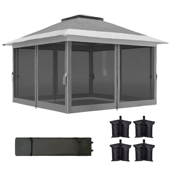 Gazebo 11,7' x 11,7' avec filet, abri solaire instantané UPF50+ avec sac de transport à roulettes et sacs de sable
