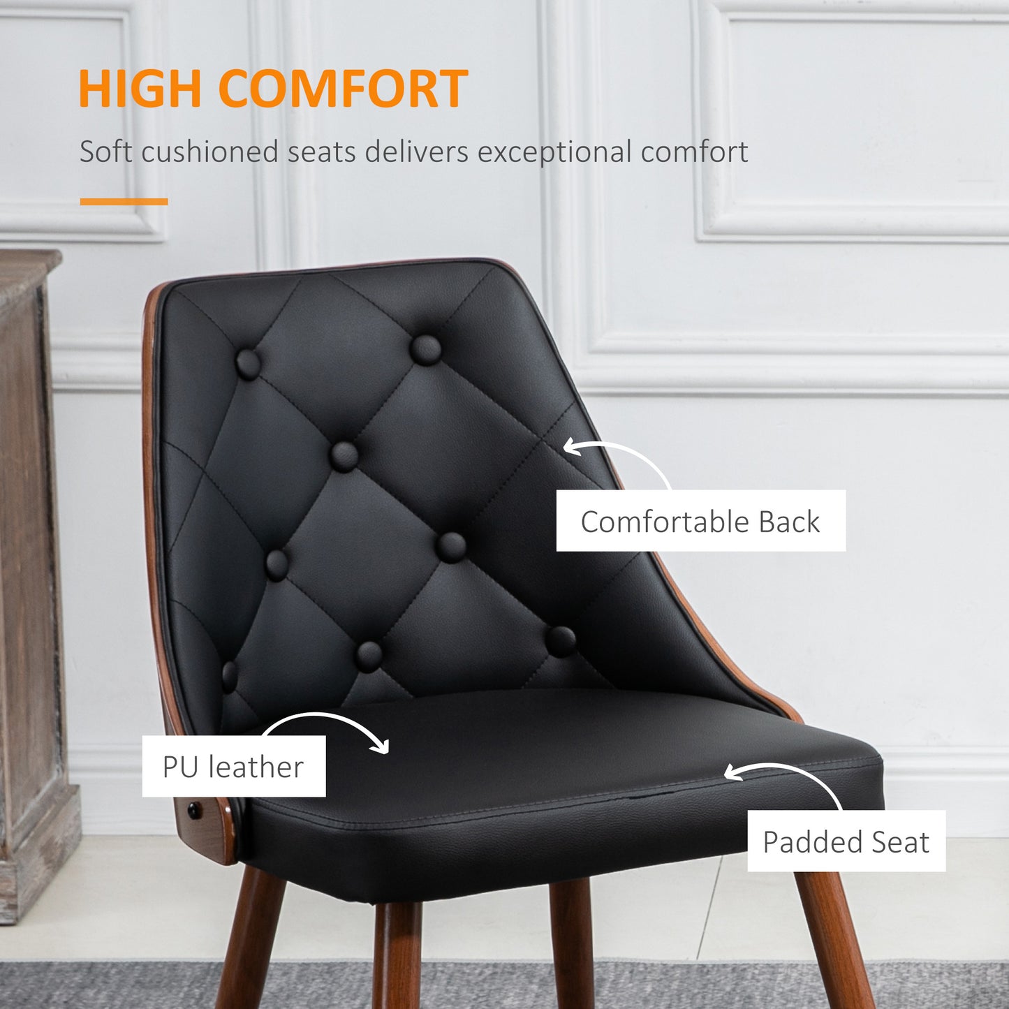 Lot de 2 chaises de salle à manger capitonnées, assises rembourrées en similicuir et pieds en acier, noires