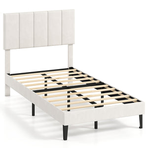 Lit plateforme rembourré en lin gris avec tête de lit à canaux verticaux réglable en hauteur - Taille Simple/Twin